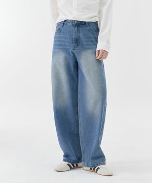 배기 커브드 와이드 데님 팬츠 유니섹스 (연청)