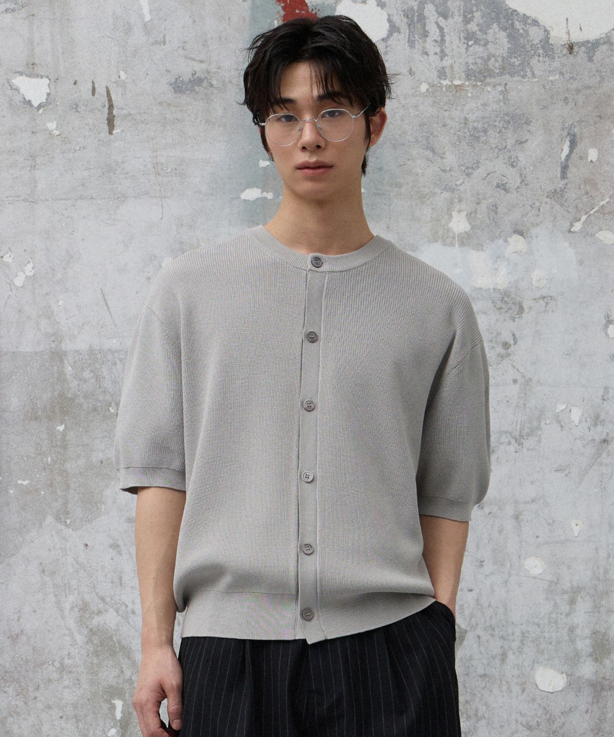 에이지오디(AGOD) 솔리드 하프 니트 가디건 [그레이]