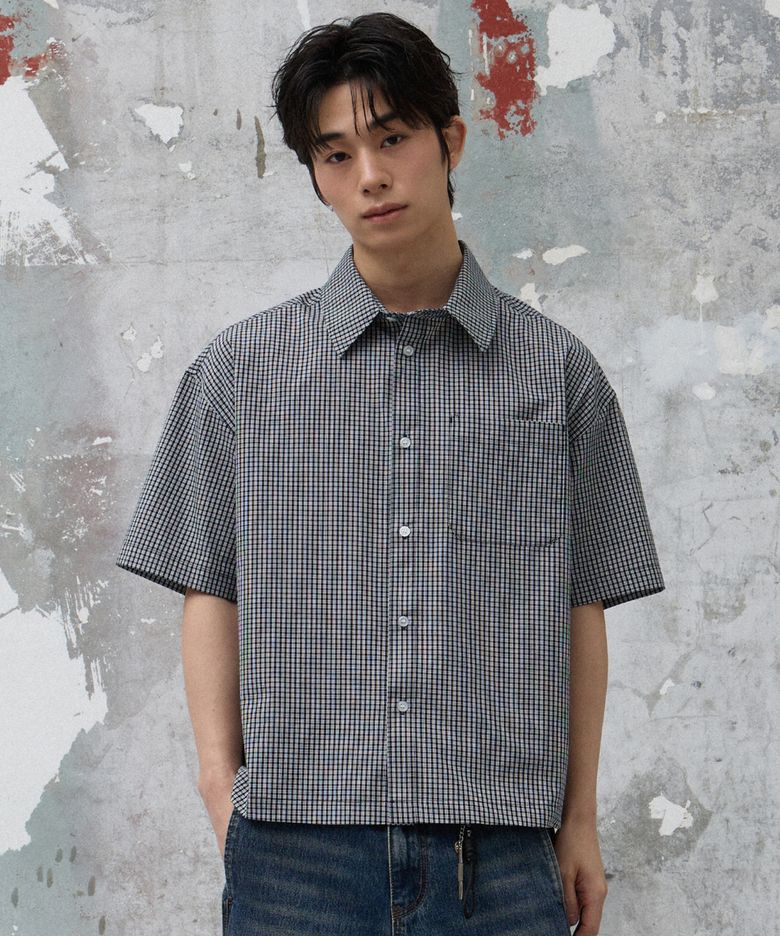크롭 하프 체크 셔츠 [네이비]