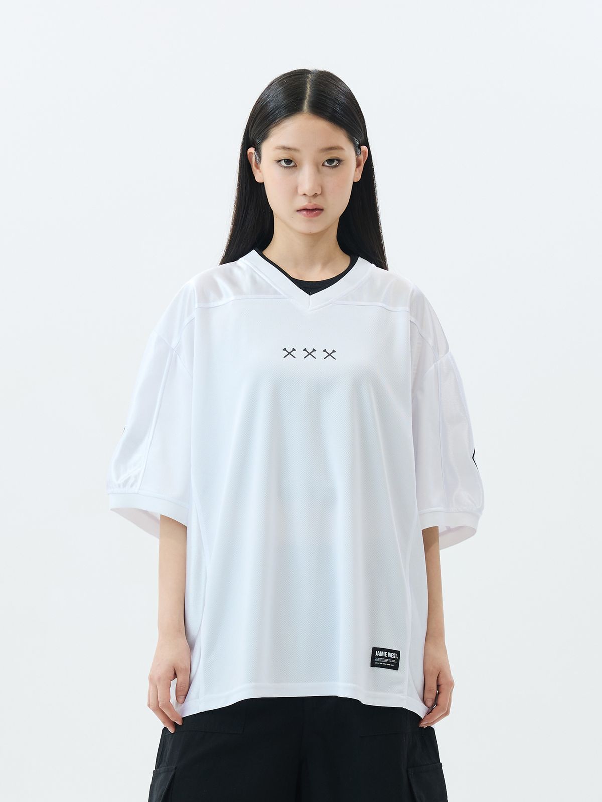 제이미웨스트(JAMIE WEST) JW 브이넥 매쉬 바이커 져지 티셔츠 (화이트)