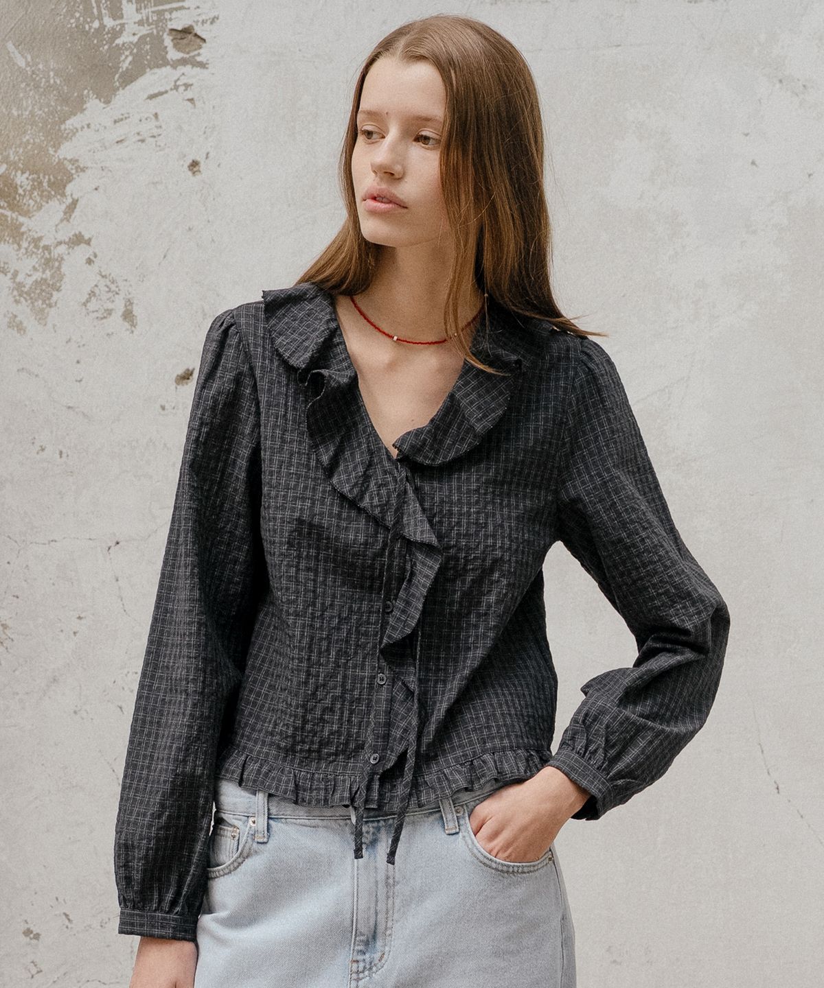 틸아이다이(TILL I DIE) Ruffle check tied blouse [TISP06BL12]_Black