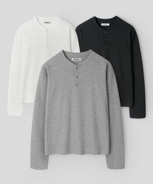 크롭 써멀 와플 헨리넥 롱슬리브 티셔츠_3COLOR