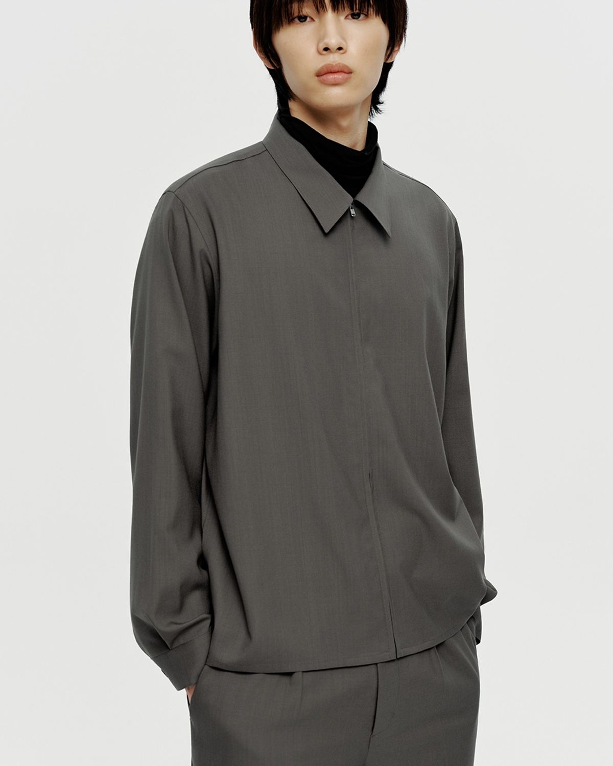 유스(YOUTH) Fine Wool Zipped Shirt - Khaki Grey