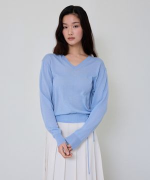 Strap Detail V-Neck Knit Top (Light Blue)