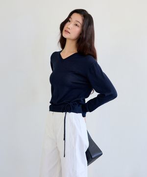 Strap Detail V-Neck Knit Top (Navy)
