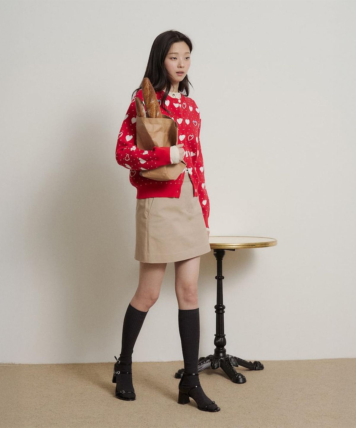 빈폴 레이디스(BEANPOLE LADIES) [B. my] 하트 패턴 긴소매 니트 카디건 - 레드 (BF625AN886)