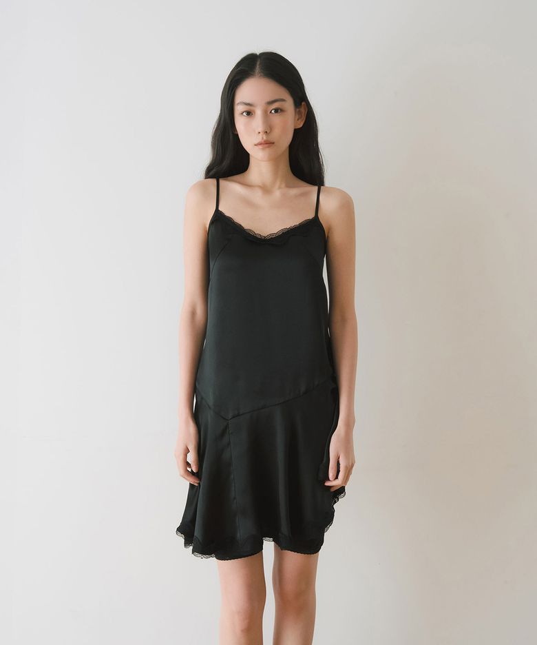 LACE SHIRRING SLIP MINI DRESS, BLACK
