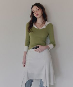 벨론 카라 배색 7부 니트