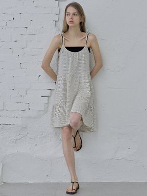 Dot Ribbon Shirring Mini Dress - IVORY