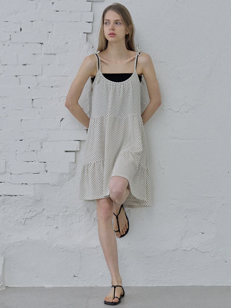 Dot Ribbon Shirring Mini Dress - IVORY