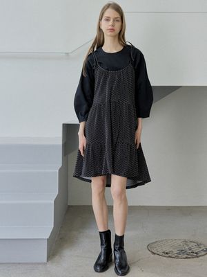 Dot Ribbon Shirring Mini Dress - BLACK