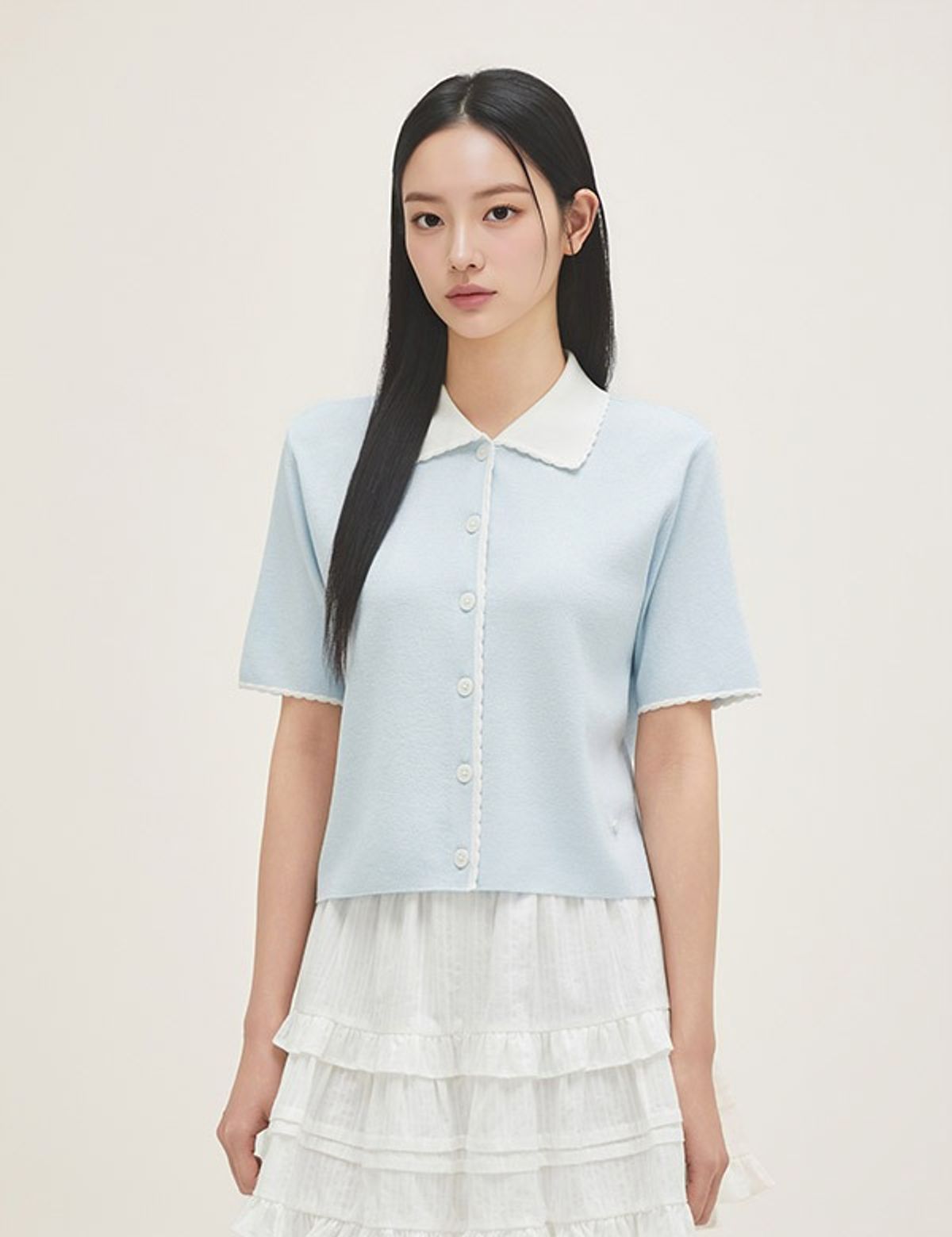로엠(ROEM) 스칼럽 배색 카라 가디건 RMCKG24R13