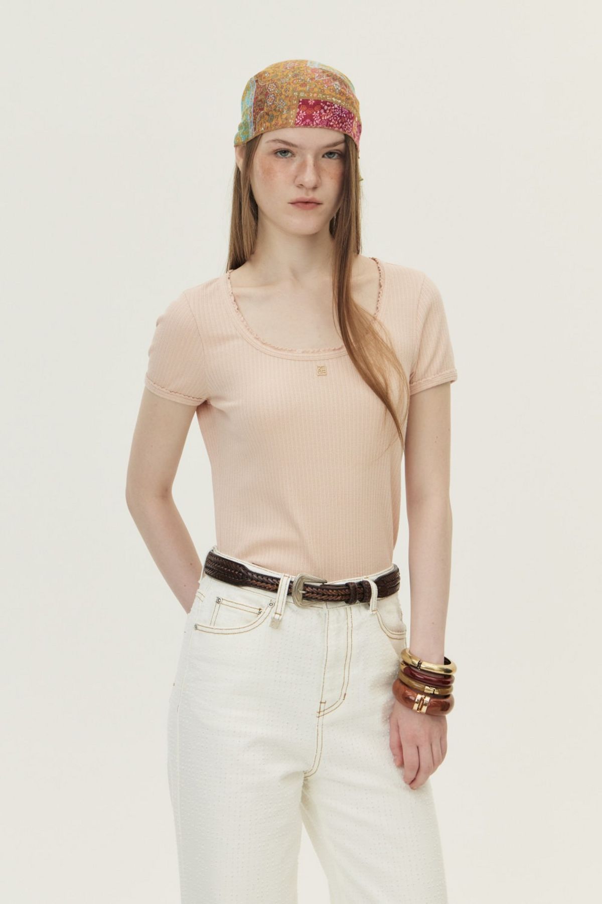 쿠메(KUMÉ) Pointelle Scoop Neck T-shirt, Pink
