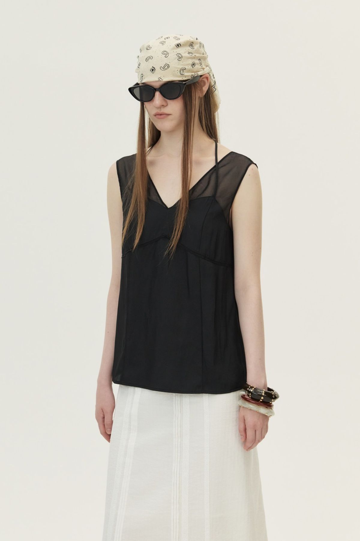 쿠메(KUMÉ) Organza Sheer Sleeveless Top, Black