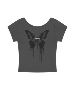 BUTTERFLY GOTH WIDE NECK CROP TEE CHARCOAL(MG2GMFT539A)