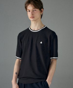 남녀공용 쿨 배색 반팔 라운드 니트 [매트블랙]_HG2SW999