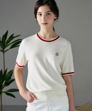 남녀공용 쿨 배색 반팔 라운드 니트 [버터레드]_HG2SW999