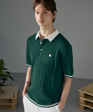 남녀공용 카라배색 쿨 케이블 반팔 니트 [딥그린]_HG2SW800