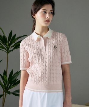 남녀공용 카라배색 쿨 케이블 반팔 니트 [핑크]_HG2SW800