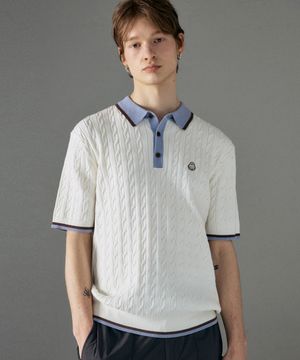 남녀공용 카라배색 쿨 케이블 반팔 니트 [버터]_HG2SW800