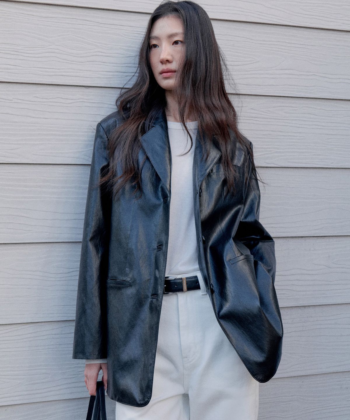 스텝어라운드(STEP AROUND) Oversized faux leather jacket_BLACK