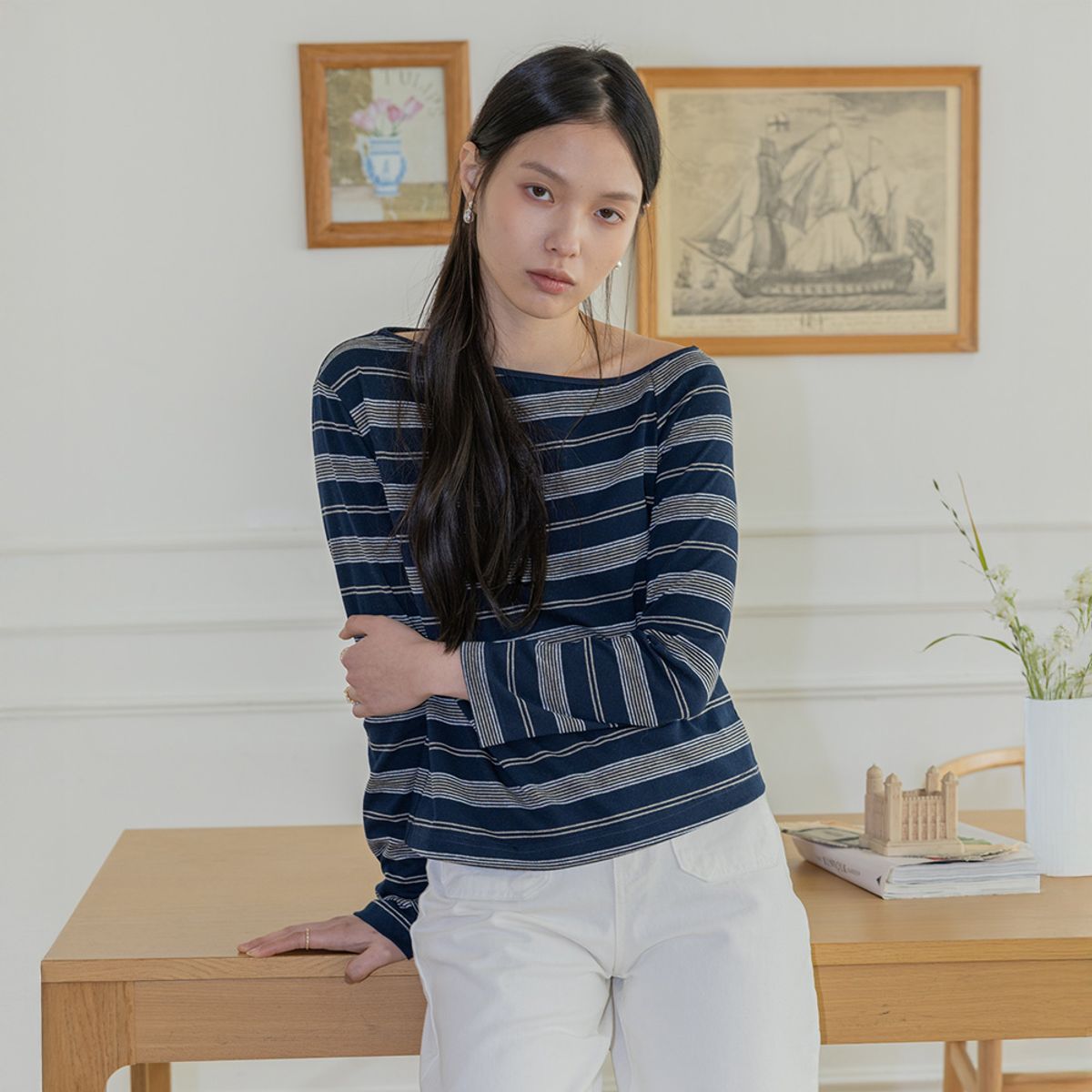 랭썬(LANGSON) LS_Stripe boat neck top_2color