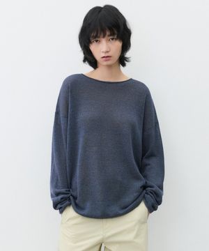 (우먼)페이퍼 코튼 오버핏 슬리브 니트 차콜 블루