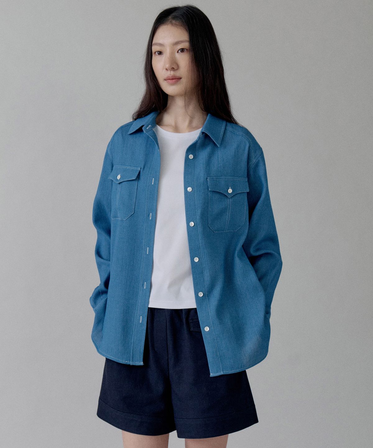 스텝어라운드(STEP AROUND) Sheer Denim Western Loose fit Shirt_BLUE