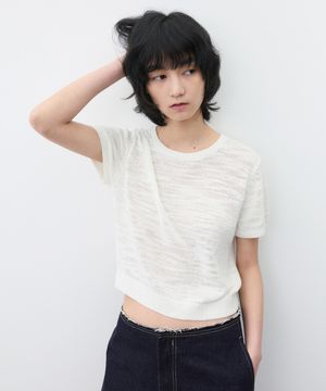 (우먼)코튼 슬럽 크롭 하프 니트 아이보리