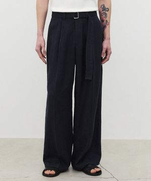 린넨 플리츠 팬츠 네이비