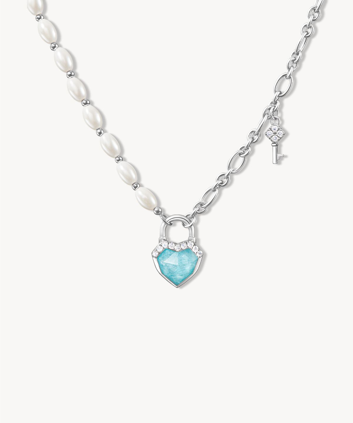 롤라로즈(LOLA ROSE) Heart Lock 아마조나이트 펜던트 실버체인 진주목걸이