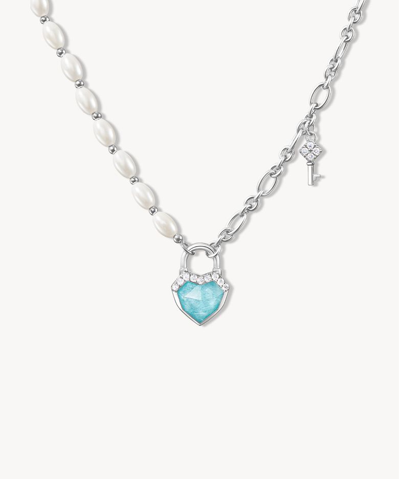 Heart Lock 아마조나이트 펜던트 실버체인 진주목걸이