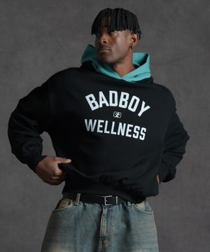 오버핏 크롭 배드보이 후드 티셔츠 - 블랙