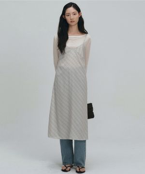 체크 슬리브리스 레이어드 롱 원피스 - 베이지