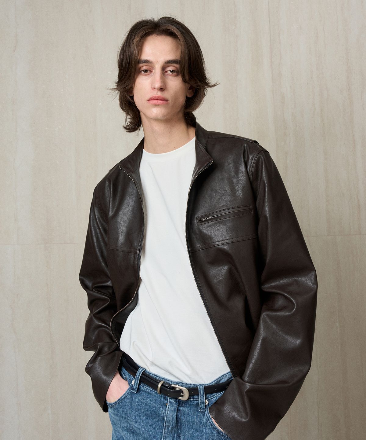 리이 맨(RERHEE MEN) FAUX LEATHER BIKER JACKET TRUFFLE