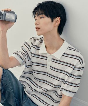 [COUTURE]워셔블 멀티 스트라이프 카라 반팔 니트 - 2color
