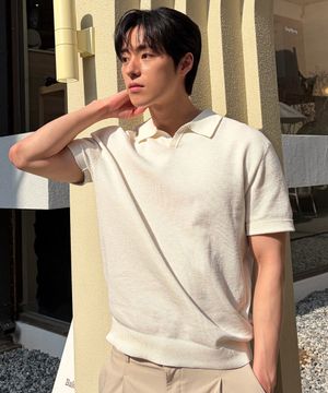 워셔블 린넨 라이크 슬릿넥 카라 반팔 니트 - 5color