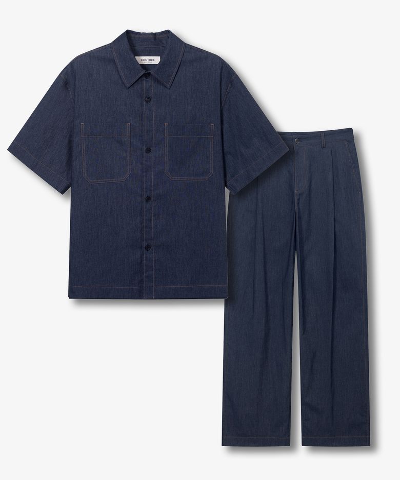 [SET][COUTURE]린넨 혼방 데님 라이크 오버핏 반팔 셔츠 셋업