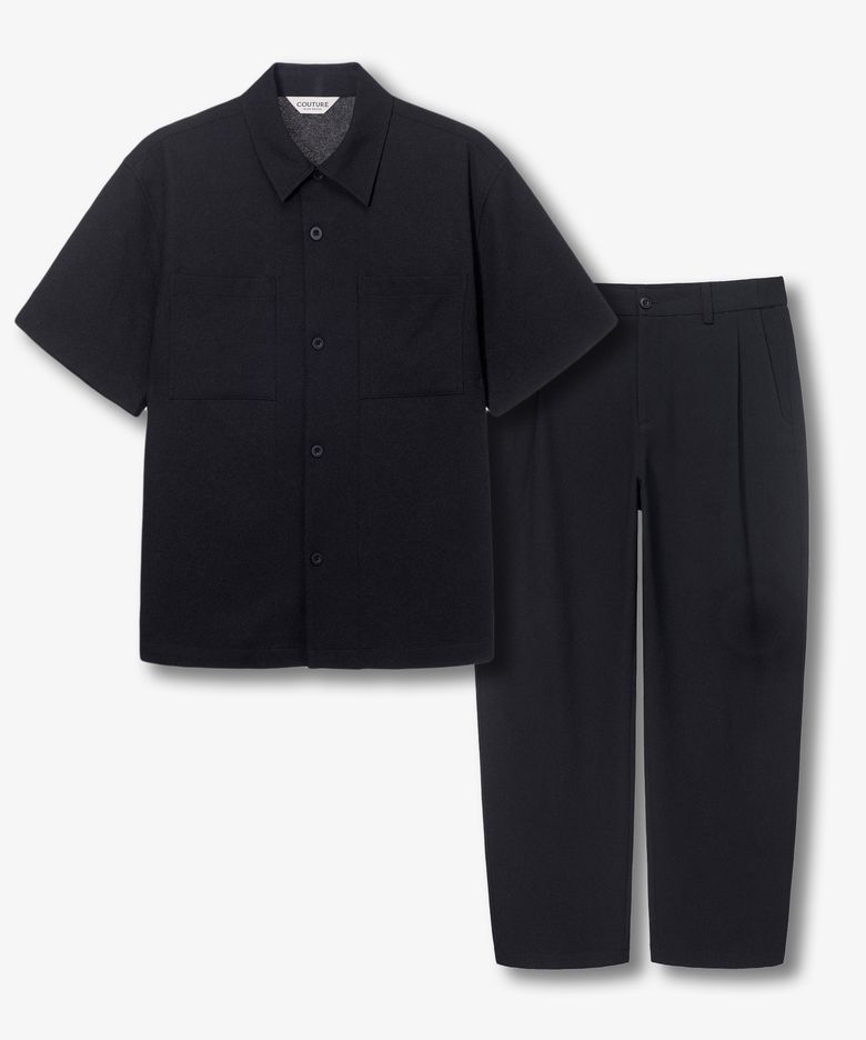 [SET][COUTURE]와플 조직 포켓 세미 오버핏 반팔 셔츠 셋업