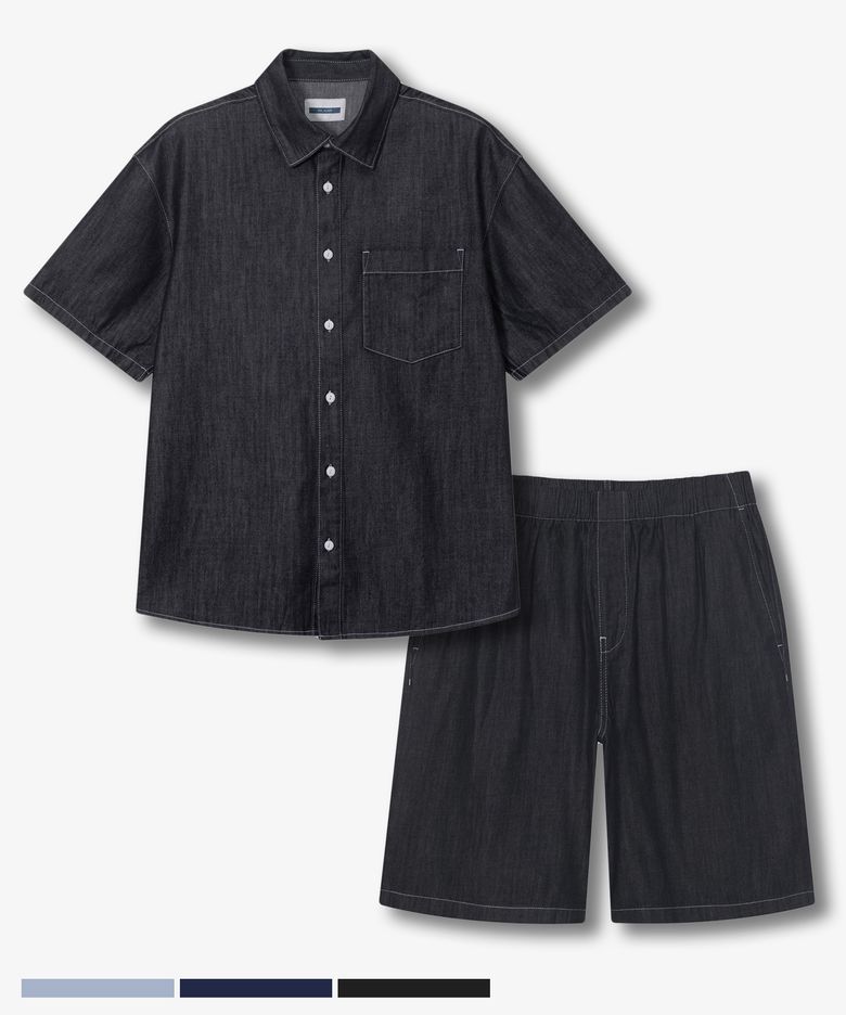 [오정규 PICK] [SET]린넨 라이크 데님 셔츠 하프팬츠 셋업 - 3color