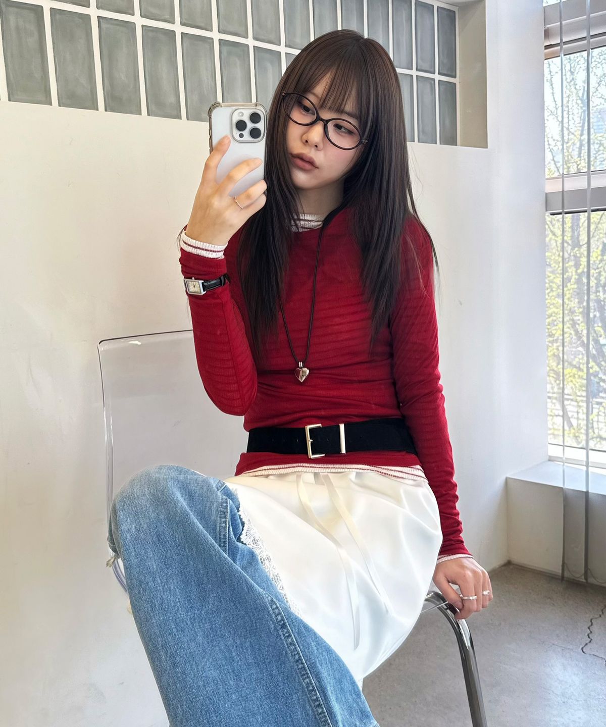 플루나 스튜디오(PLUNASTUDIO) 레이어드 시스루 티(레드)