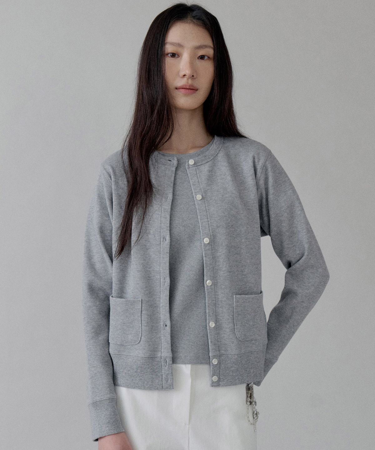 스텝어라운드(STEP AROUND) Waffle Cotton Jersey Cardigan_MELANGE