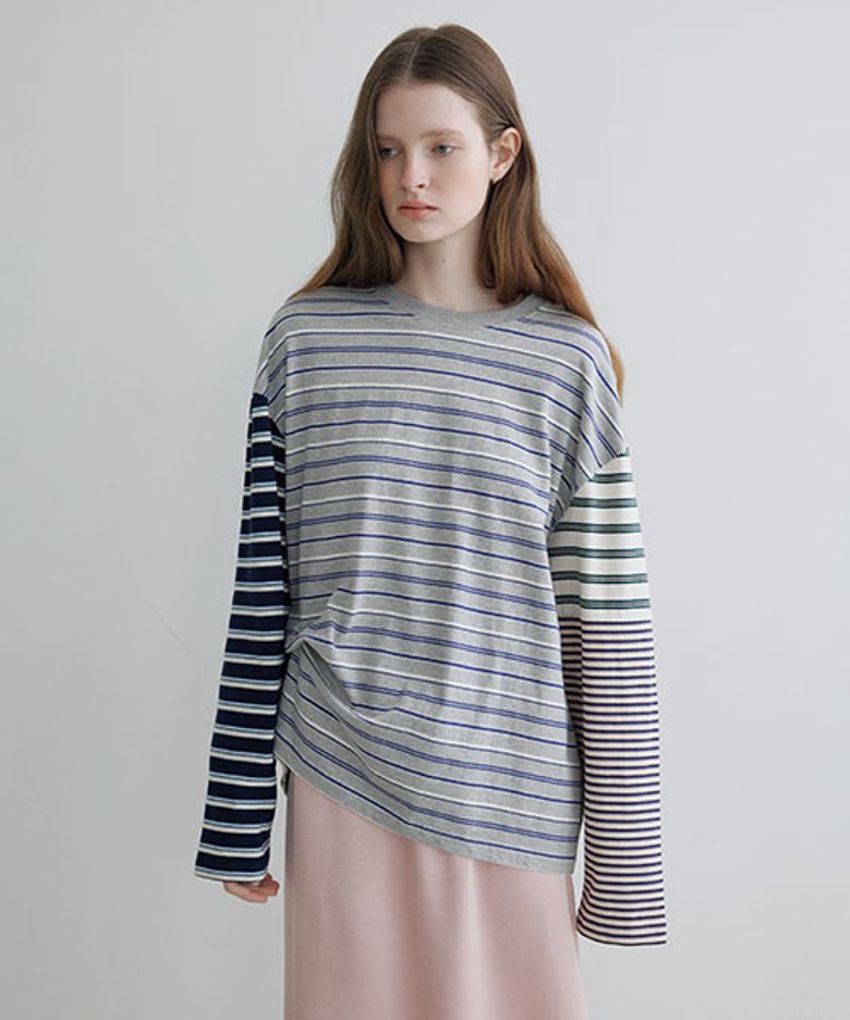 Color block stripe longsleeve T-shirt [KNSS06TS19]_Gray