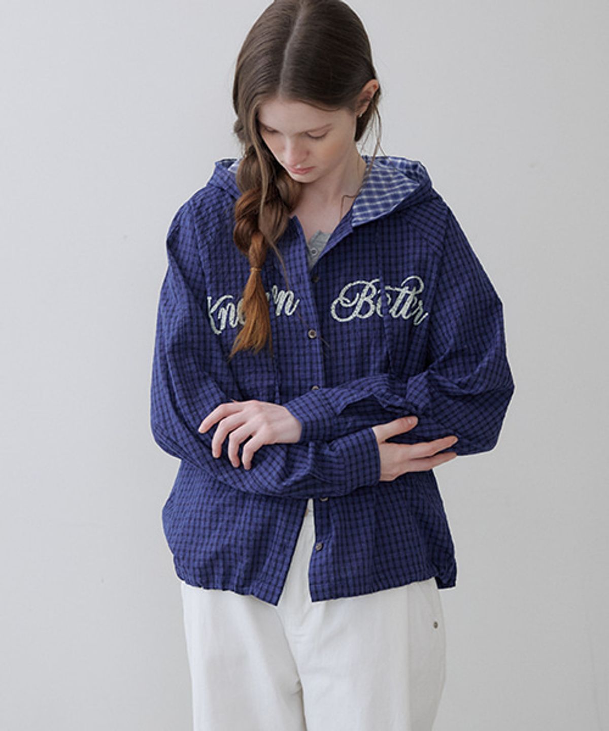 노운베러(KNOWNBETTER) Checked hoodie shirt [KNSS06SH10]_Blue