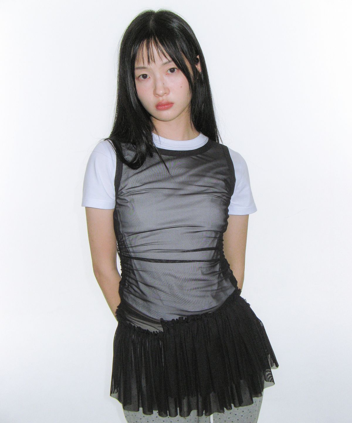 아메스 월드와이드(AMES-WORLDWIDE) MESH SHIRRING MINI DRESS BLACK