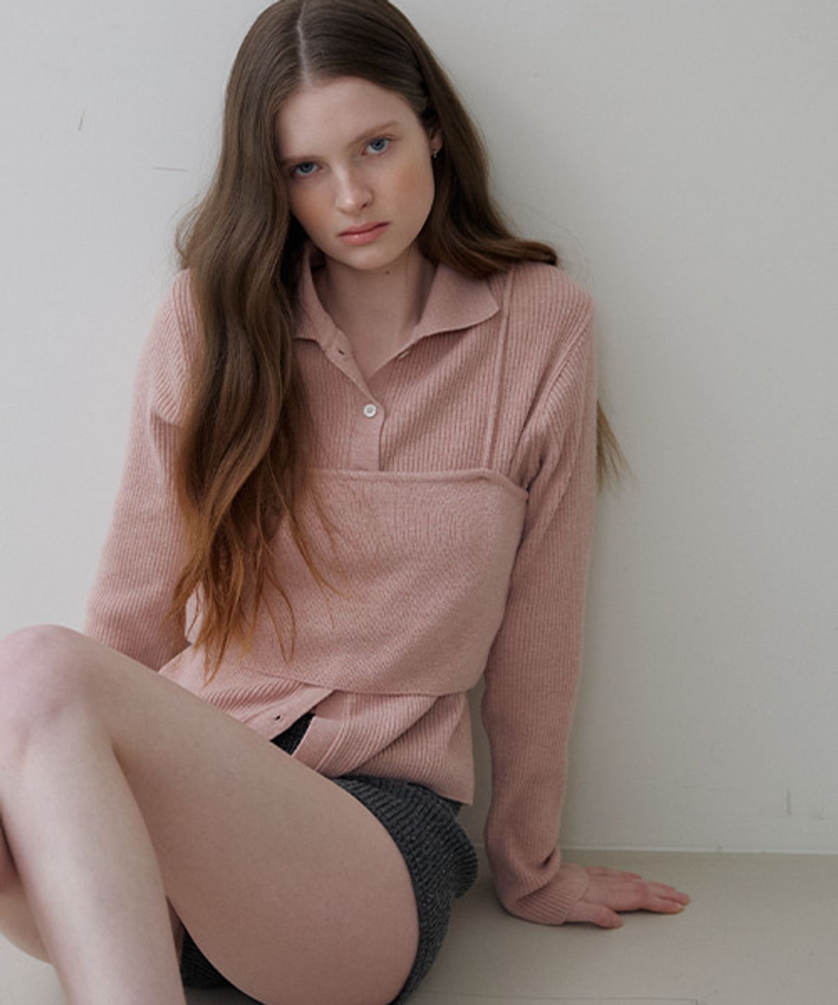 노운베러(KNOWNBETTER) Collar-cardigan bustier knit set [KNSS06CD08]_Light pink
