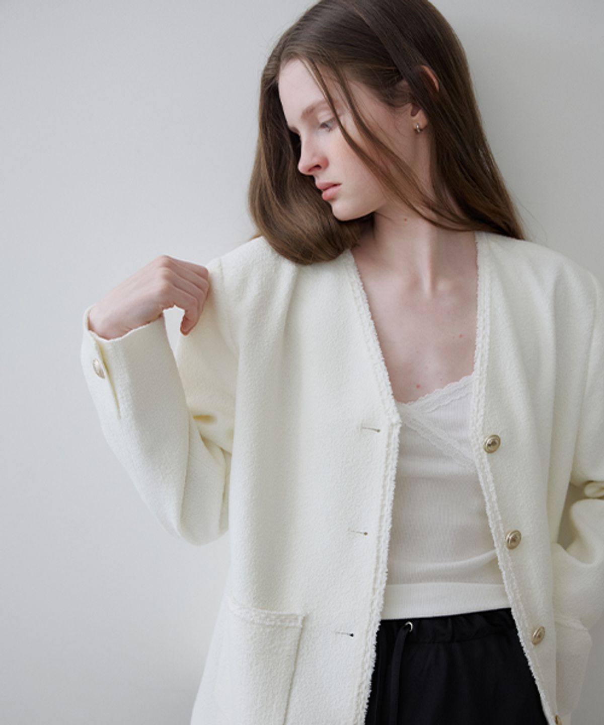 노운베러(KNOWNBETTER) V-neck tweed jacket [KNSS06JK05]_Ivory