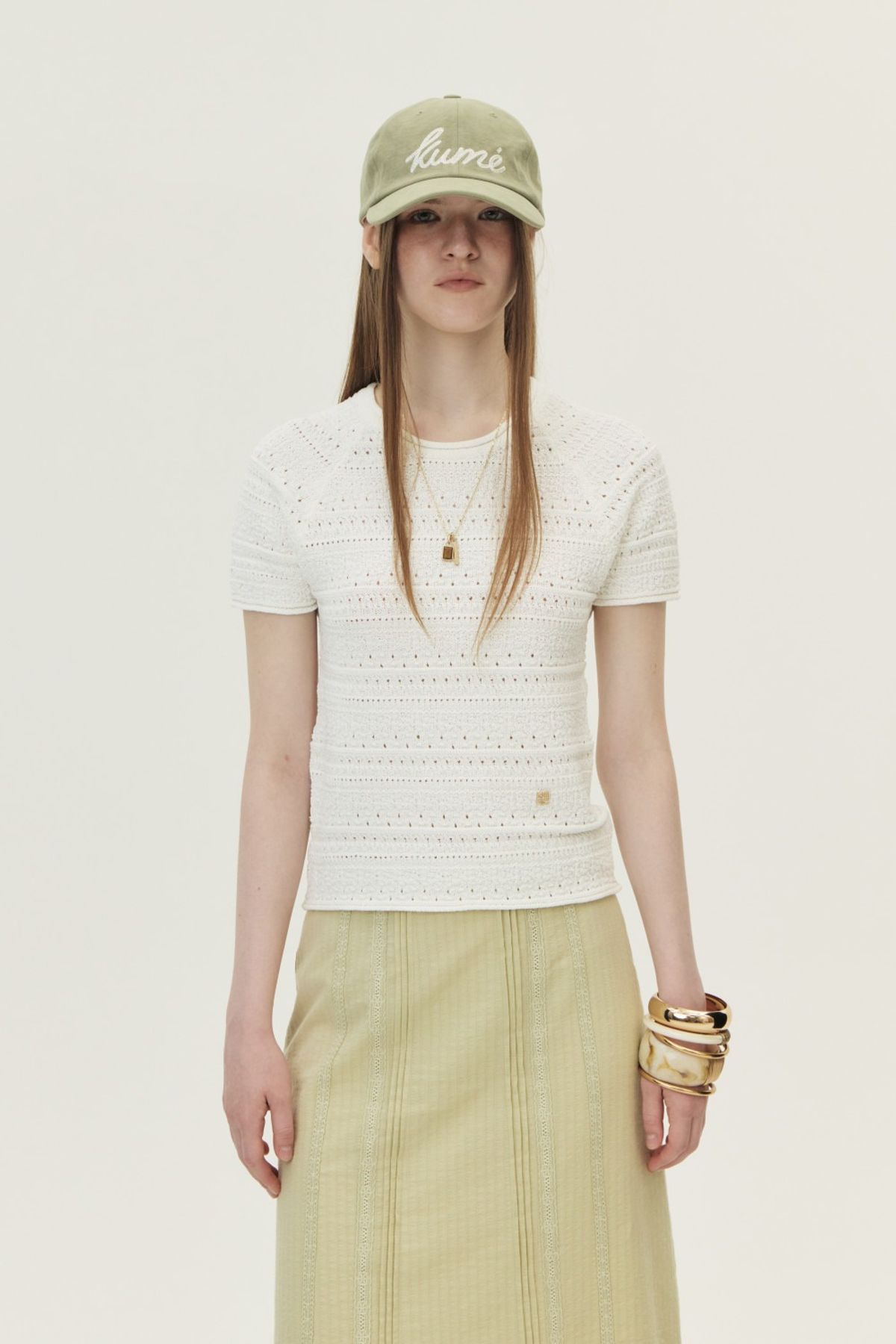 쿠메(KUMÉ) Crochet Short Sleeved Sweater, Ivory