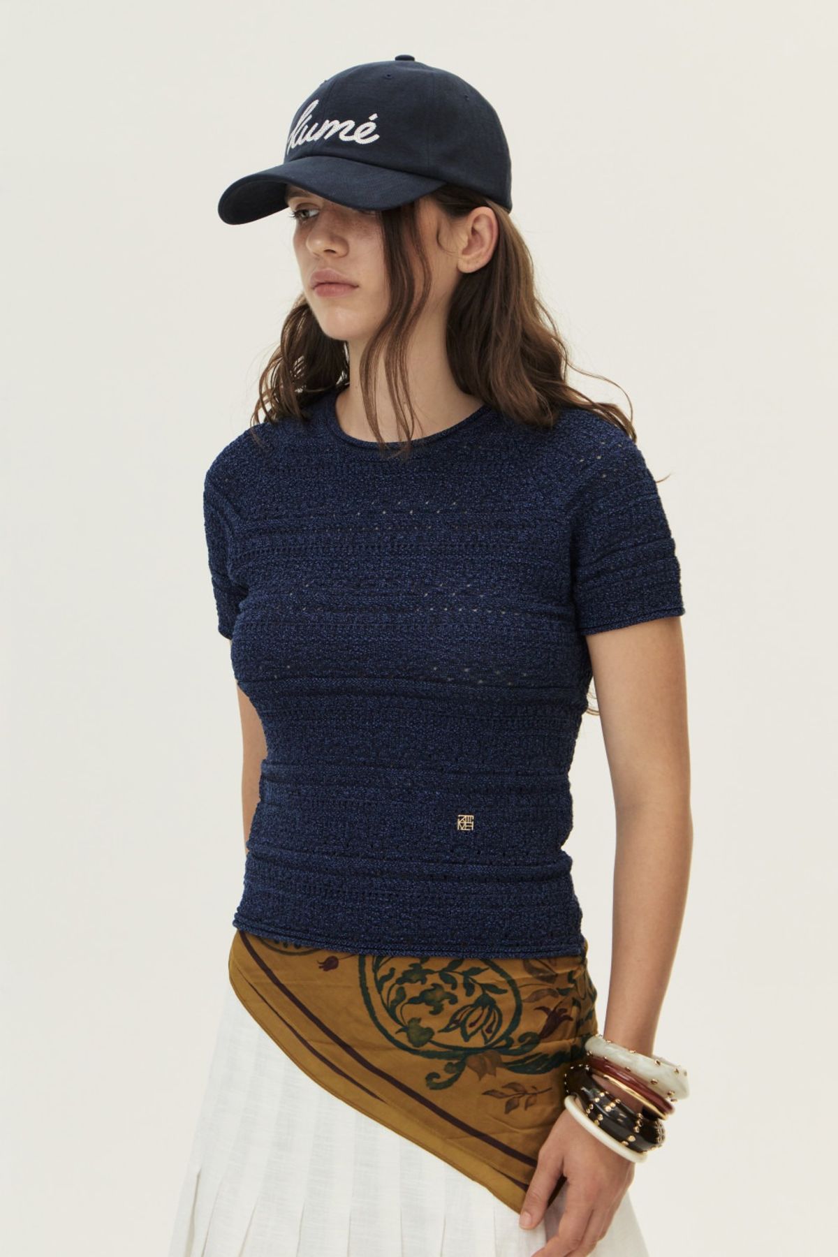 쿠메(KUMÉ) Crochet Short Sleeved Sweater, Navy