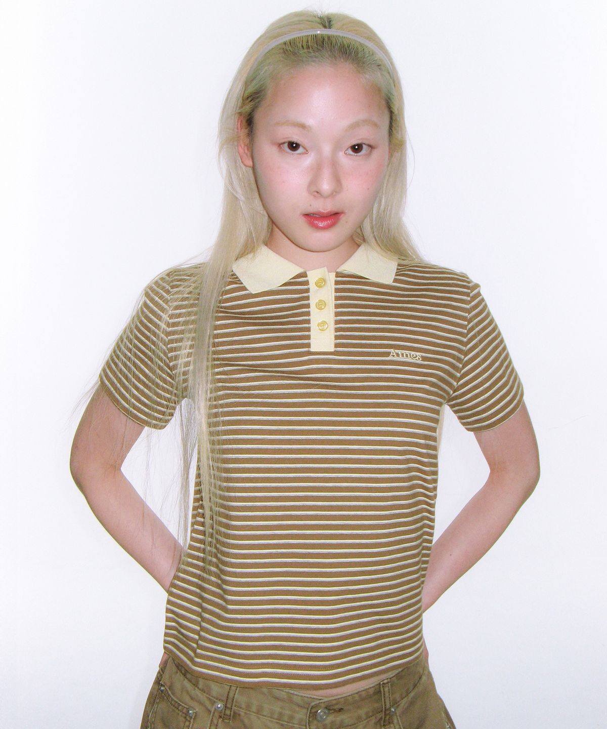 아메스 월드와이드(AMES-WORLDWIDE) BASIC STRIPE COLLAR TEE BROWN